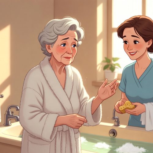 Ilustración empática en orientación horizontal: una mujer anciana con demencia, cabello gris plateado y bata blanca, se resiste suavemente a bañarse en un baño luminoso y acogedor. Muestra expresión de incertidumbre y ansiedad, con mano levantada en gesto de rechazo. A su lado, una cuidadora de mediana edad en uniforme azul la mira con paciencia y una sonrisa comprensiva, sosteniendo una esponja, junto a la bañera llena de agua tibia y burbujas. Atmósfera cálida y respetuosa sobre cuidados a personas mayores.