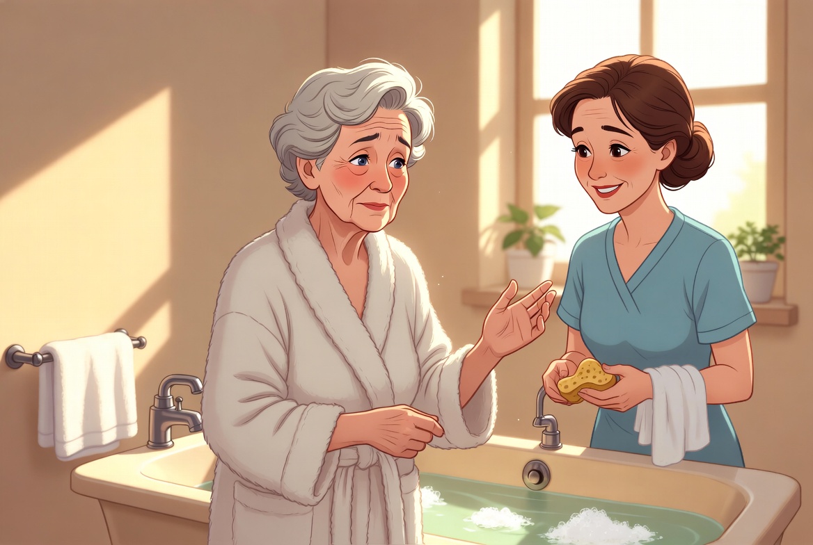 Ilustración empática en orientación horizontal: una mujer anciana con demencia, cabello gris plateado y bata blanca, se resiste suavemente a bañarse en un baño luminoso y acogedor. Muestra expresión de incertidumbre y ansiedad, con mano levantada en gesto de rechazo. A su lado, una cuidadora de mediana edad en uniforme azul la mira con paciencia y una sonrisa comprensiva, sosteniendo una esponja, junto a la bañera llena de agua tibia y burbujas. Atmósfera cálida y respetuosa sobre cuidados a personas mayores.
